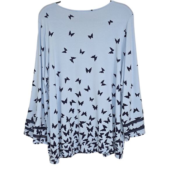 Belle by Kim Gravel Womens Sz 1X Blue Butterfly Stretchy Lace Bell Sleeve Top - Picture 3 of 11